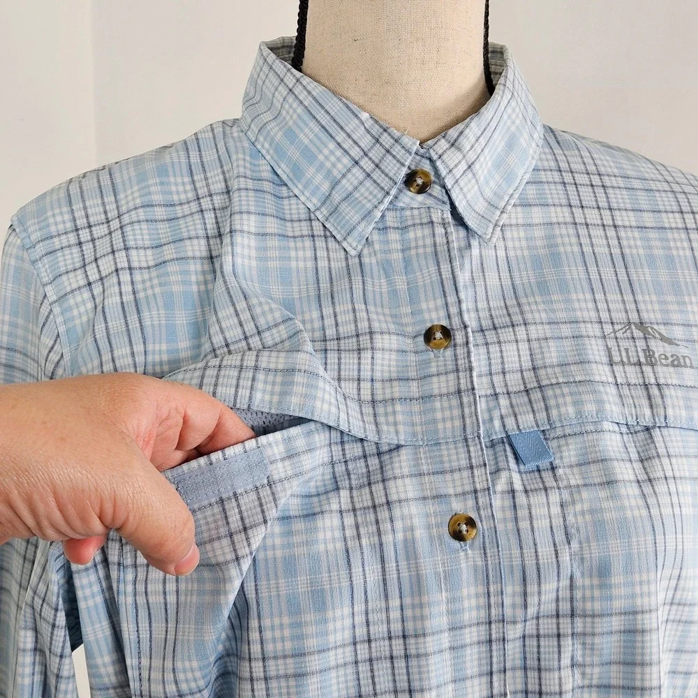 LL Bean Long Sleeve Roll Tab Blue Plaid Vented Shirt Fish Hike Womens M UPF 50 - Picture 12 of 16